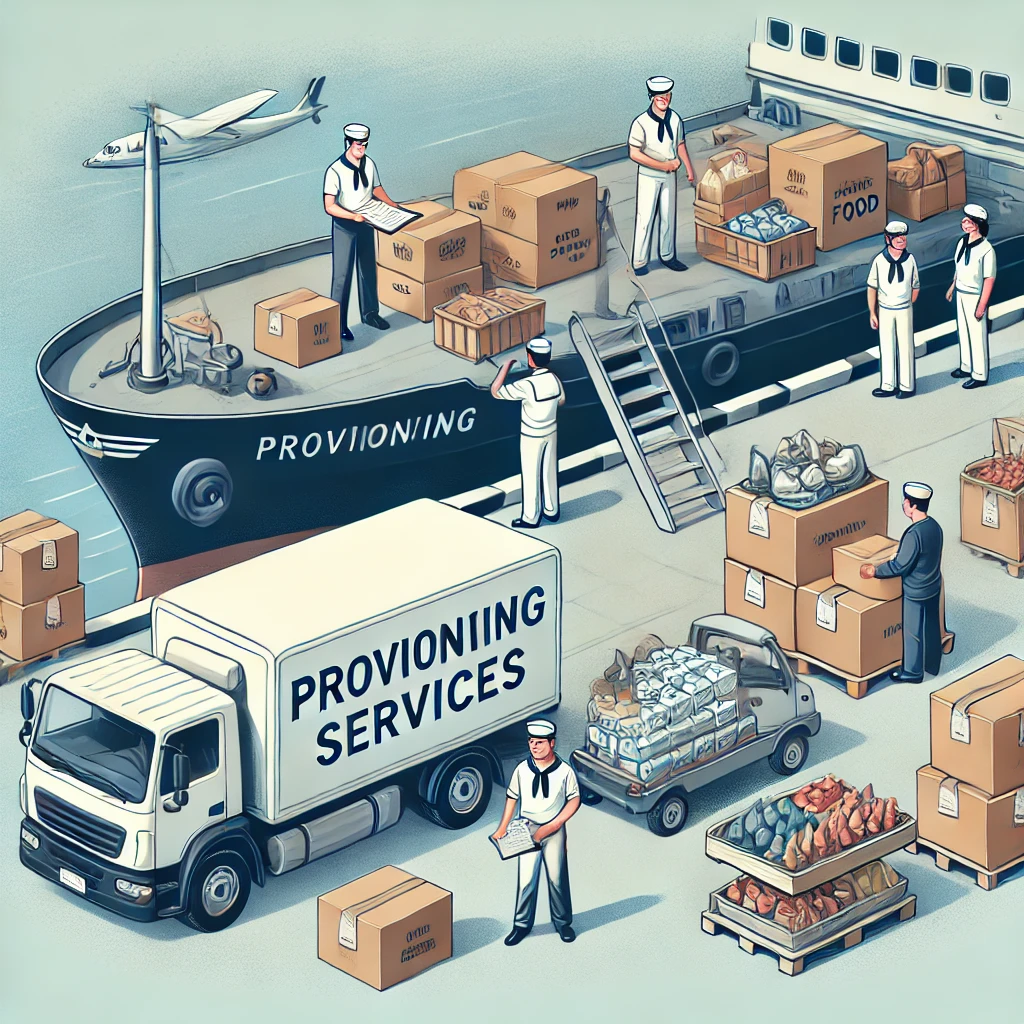 DALL·E 2025-01-12 12.40.53 - A ship crew receiving fresh food supplies at the dock to represent provisioning services. The scene includes a supply truck, crates of food, and sailo DALL·E 2025-01-12 12.40.53 - A ship crew receiving fresh food supplies at the dock to represent provisioning services. The scene includes a supply truck, crates of food, and sailo