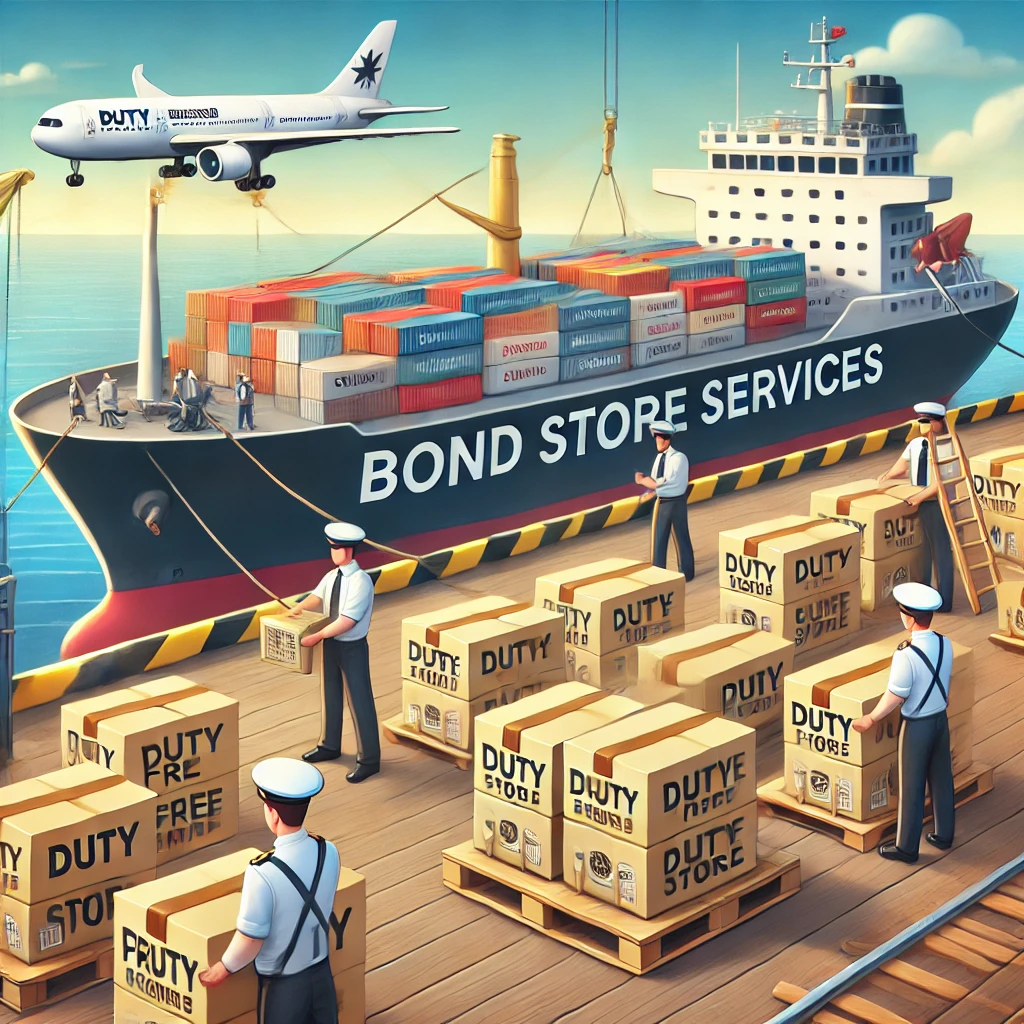 DALL·E 2025-01-12 12.40.57 - Duty-free goods being loaded onto a ship to represent bond store services. The scene shows crew members handling boxes labeled with duty-free items, w DALL·E 2025-01-12 12.40.57 - Duty-free goods being loaded onto a ship to represent bond store services. The scene shows crew members handling boxes labeled with duty-free items, w