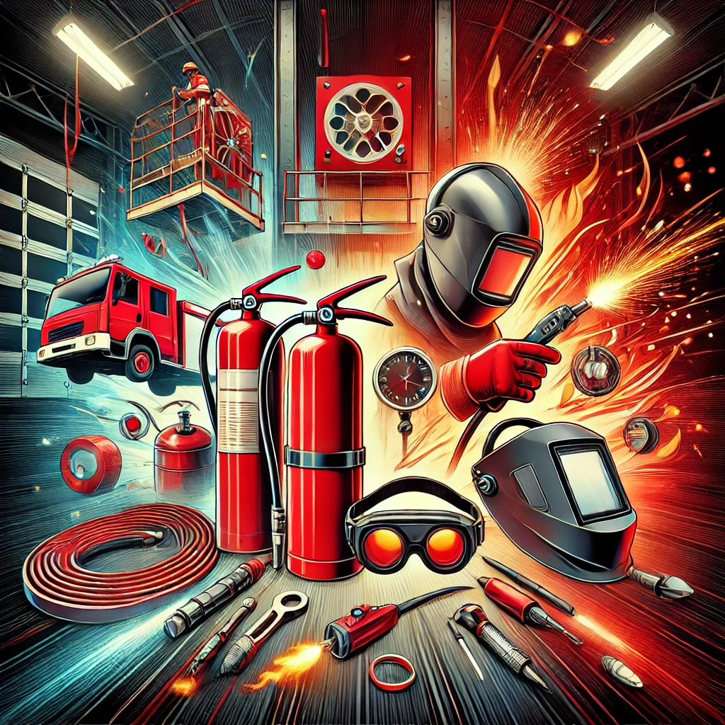 DALL·E 2025-01-12 12.46.51 - A dynamic illustration representing fire safety and welding equipment services. The image includes essential items such as fire extinguishers, fire ho DALL·E 2025-01-12 12.46.51 - A dynamic illustration representing fire safety and welding equipment services. The image includes essential items such as fire extinguishers, fire ho