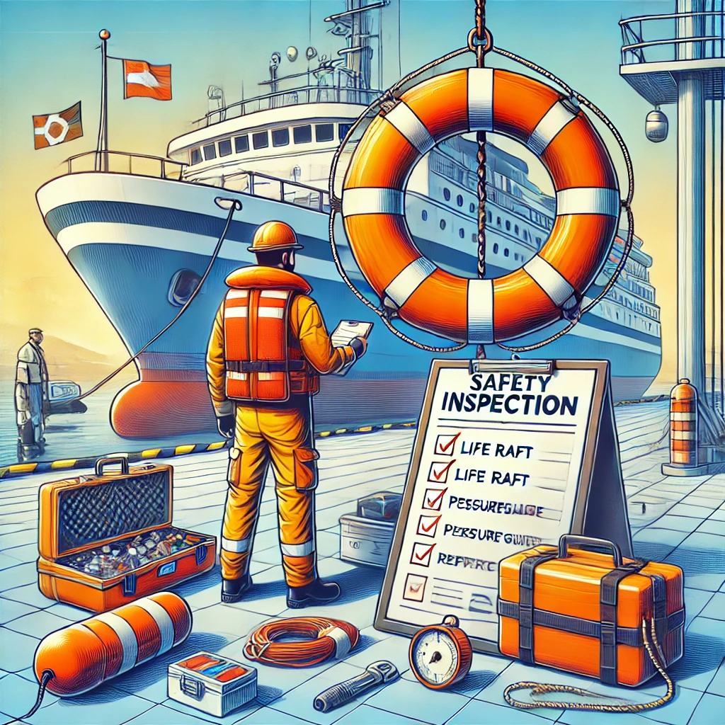 DALL·E 2025-01-12 12.47.28 - A detailed illustration representing life raft and safety inspection services. The image features a life raft being inspected by a technician in a saf DALL·E 2025-01-12 12.47.28 - A detailed illustration representing life raft and safety inspection services. The image features a life raft being inspected by a technician in a saf