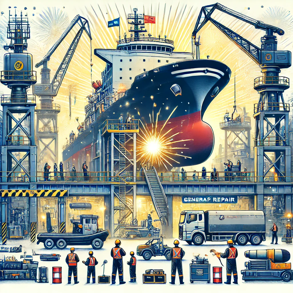 DALL·E 2025-01-12 12.48.47 - A detailed illustration representing general ship repair services. The image features a large vessel docked in a shipyard, with technicians and engine DALL·E 2025-01-12 12.48.47 - A detailed illustration representing general ship repair services. The image features a large vessel docked in a shipyard, with technicians and engine