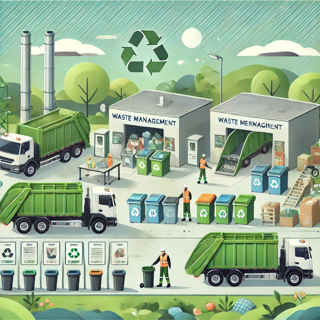 DALL·E 2025-01-12 12.49.25 - A professional illustration representing waste management services. The image features a clean and organized facility with waste collection trucks, re DALL·E 2025-01-12 12.49.25 - A professional illustration representing waste management services. The image features a clean and organized facility with waste collection trucks, re